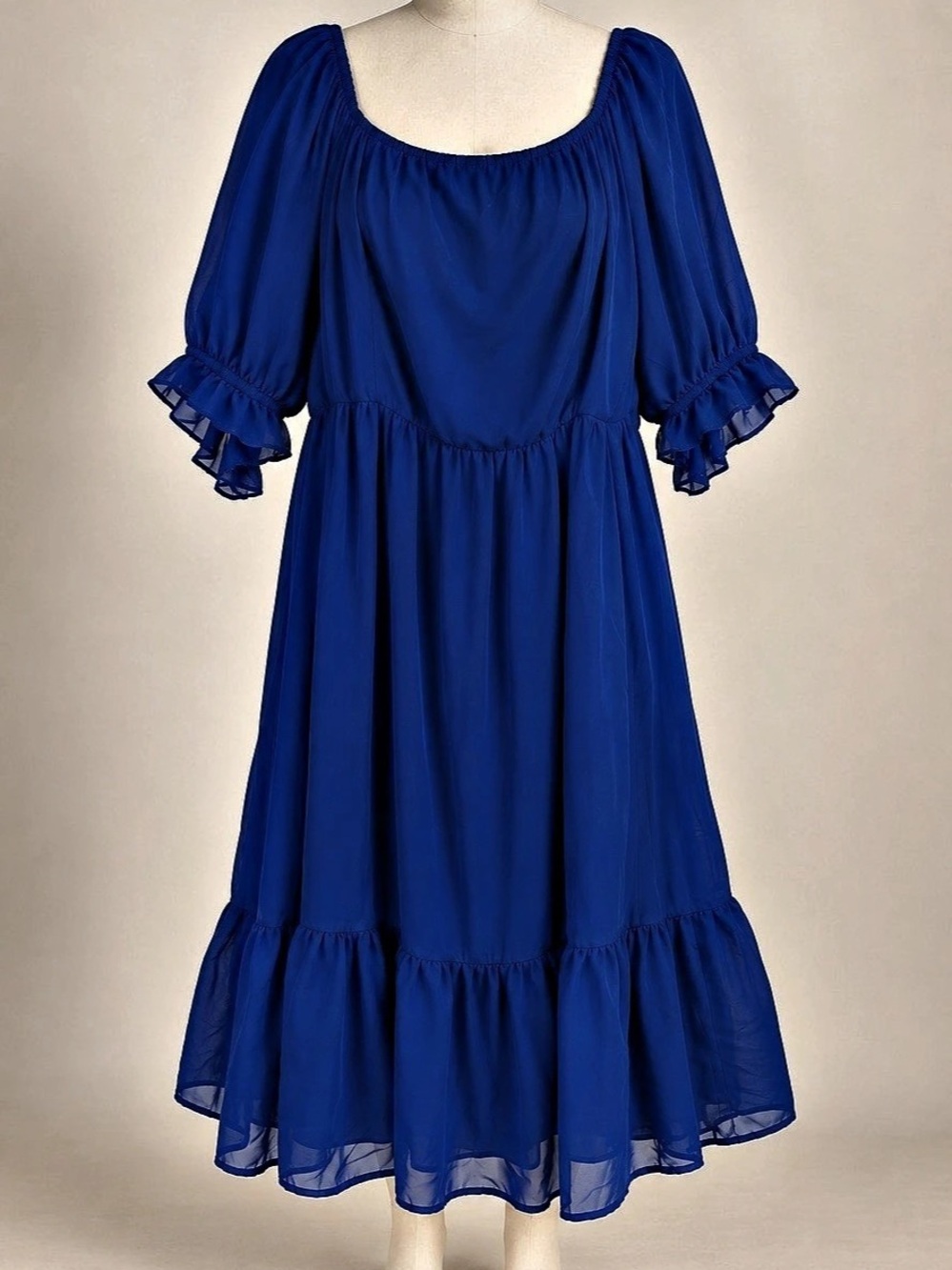Chic Soul 2X Royal Blue Plus Size Midi Dress Puff Sleeve Ruffle Tiered